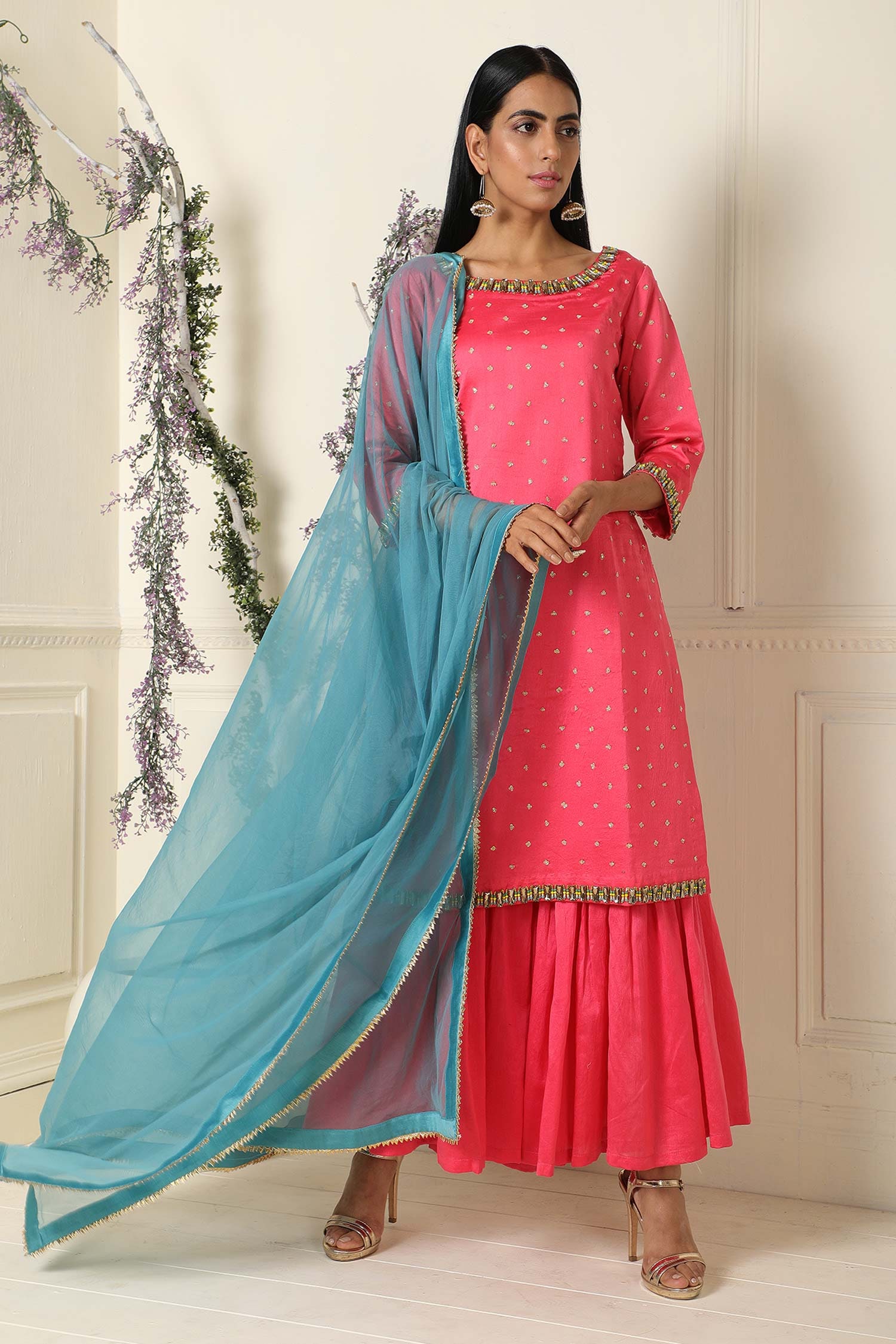 Buy Pink Chanderi Embroidery Round Kurta Set For Women by Label Nitika ...
