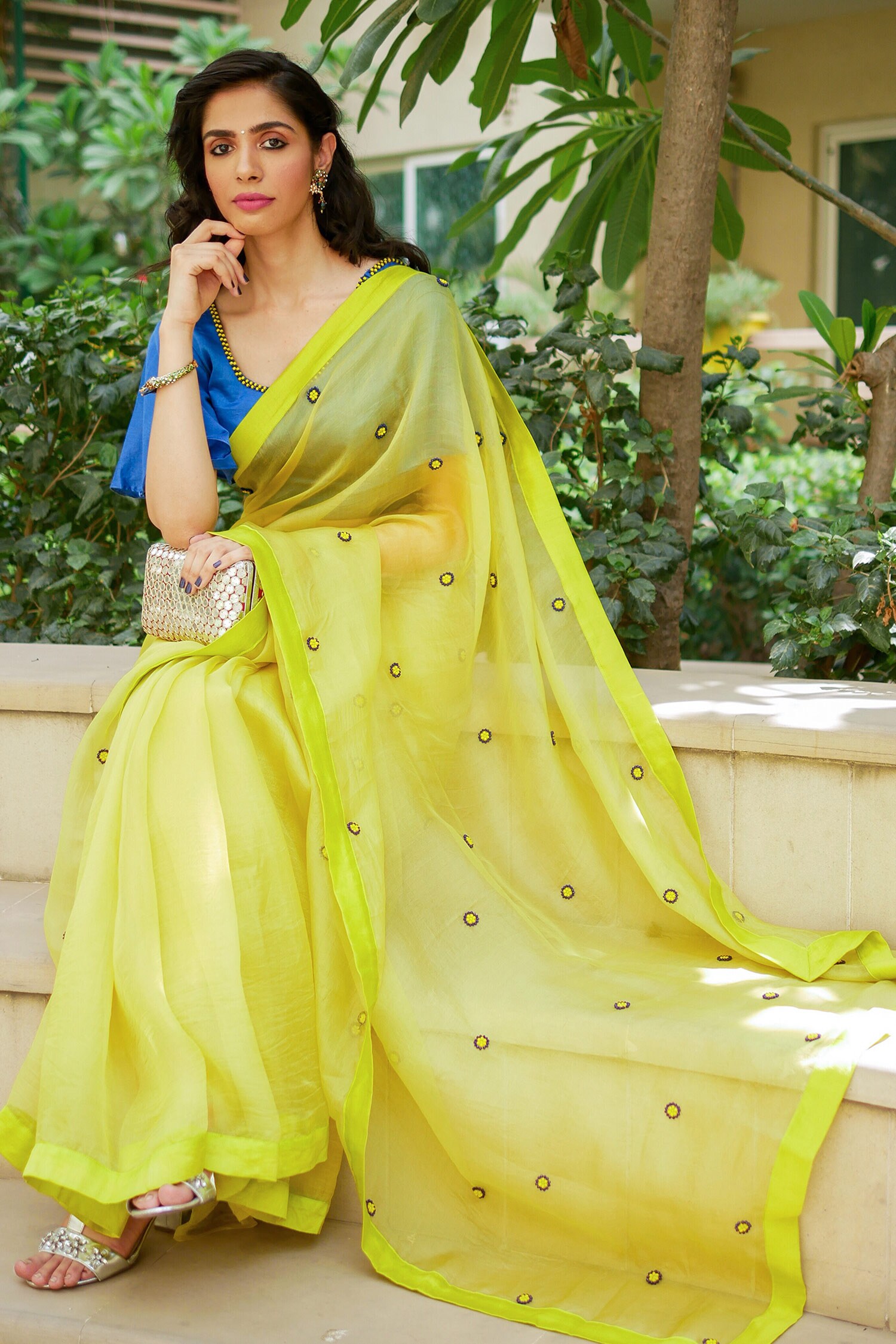 Embroidered Organza Yellow Saree with Blouse - SR24260
