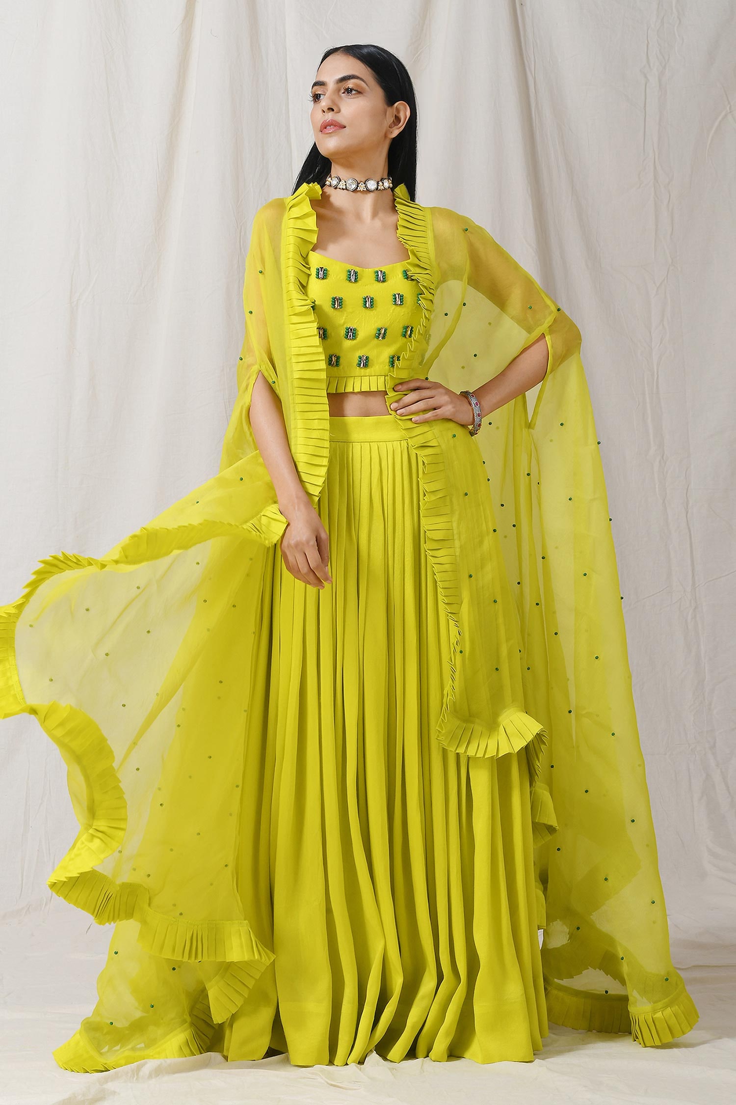 Buy Yellow Bamber Silk Embroidery Blouse: Scoop Cape And Lehenga Set For Women by Label Nitika ...