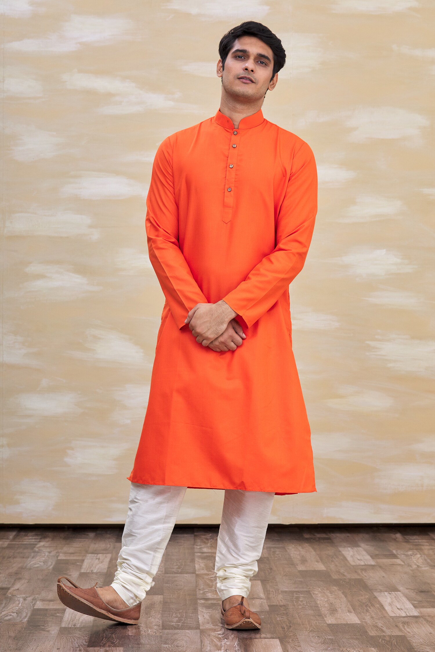 Buy Orange Silk Kurta With Churidar For Men by Arihant Rai Sinha Online at Aza Fashions.