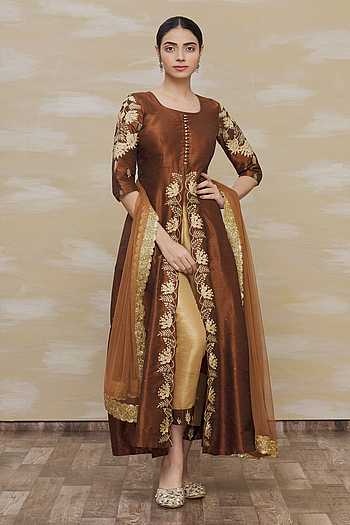 Floral Embroidered Brown Kurta Set 