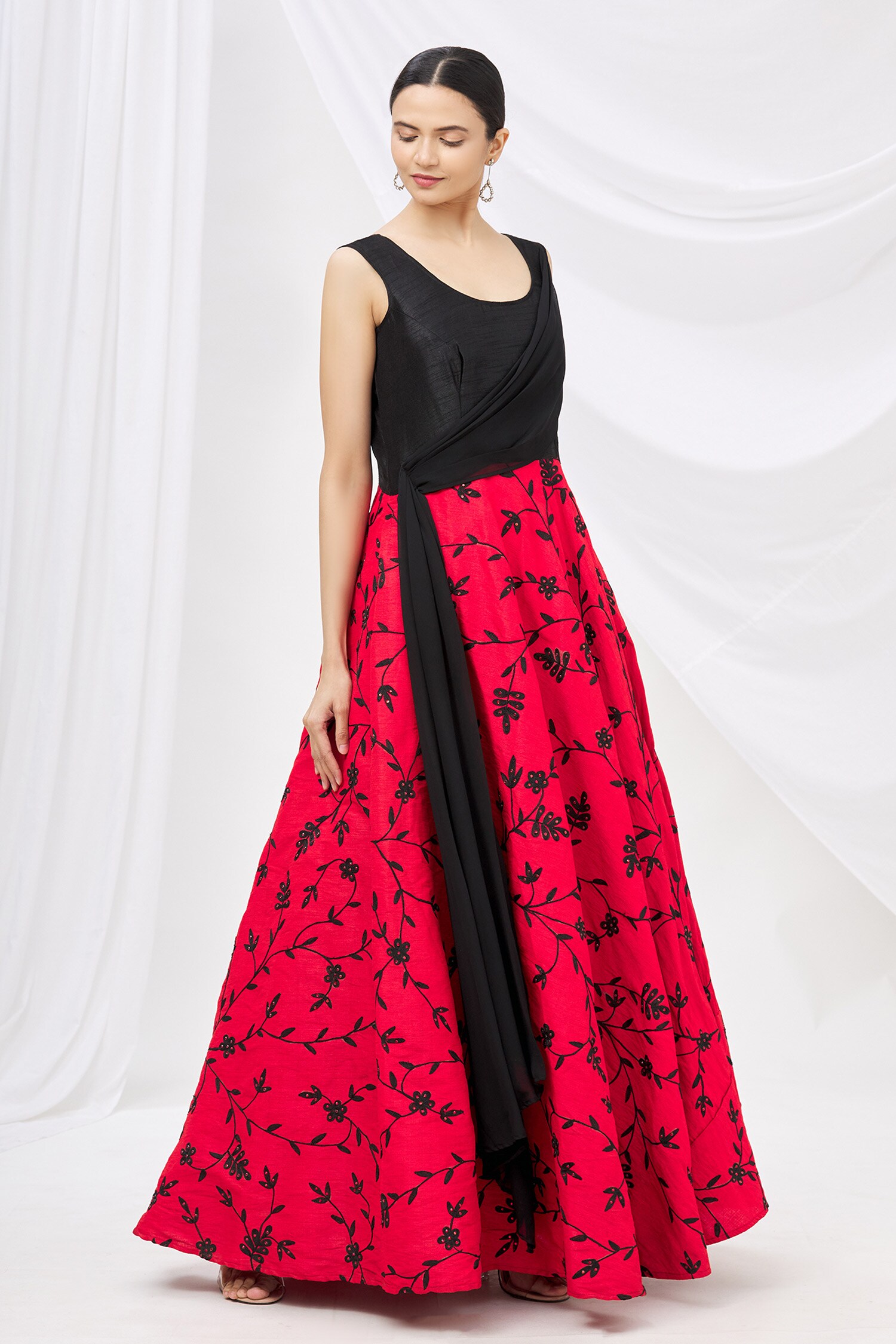 Black Silk Traditional Gown With Red Dupatta