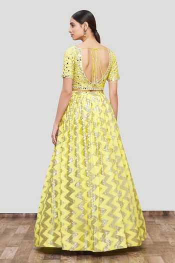 Yellow Embroidered U Style Feather Lehenga Set
