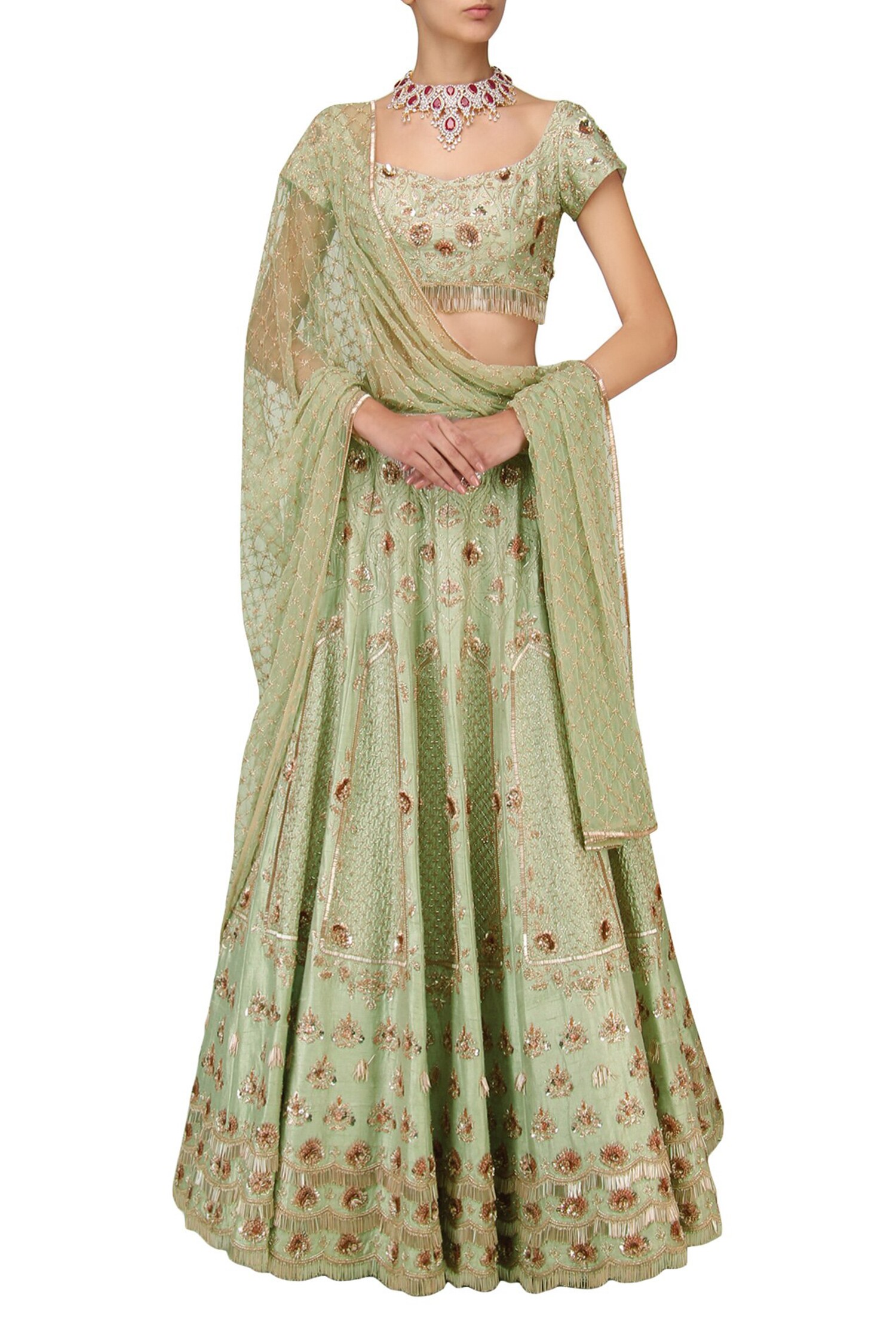 Buy Pink Peacock Couture Green Raw Silk Embroidered Lehenga Set Online ...