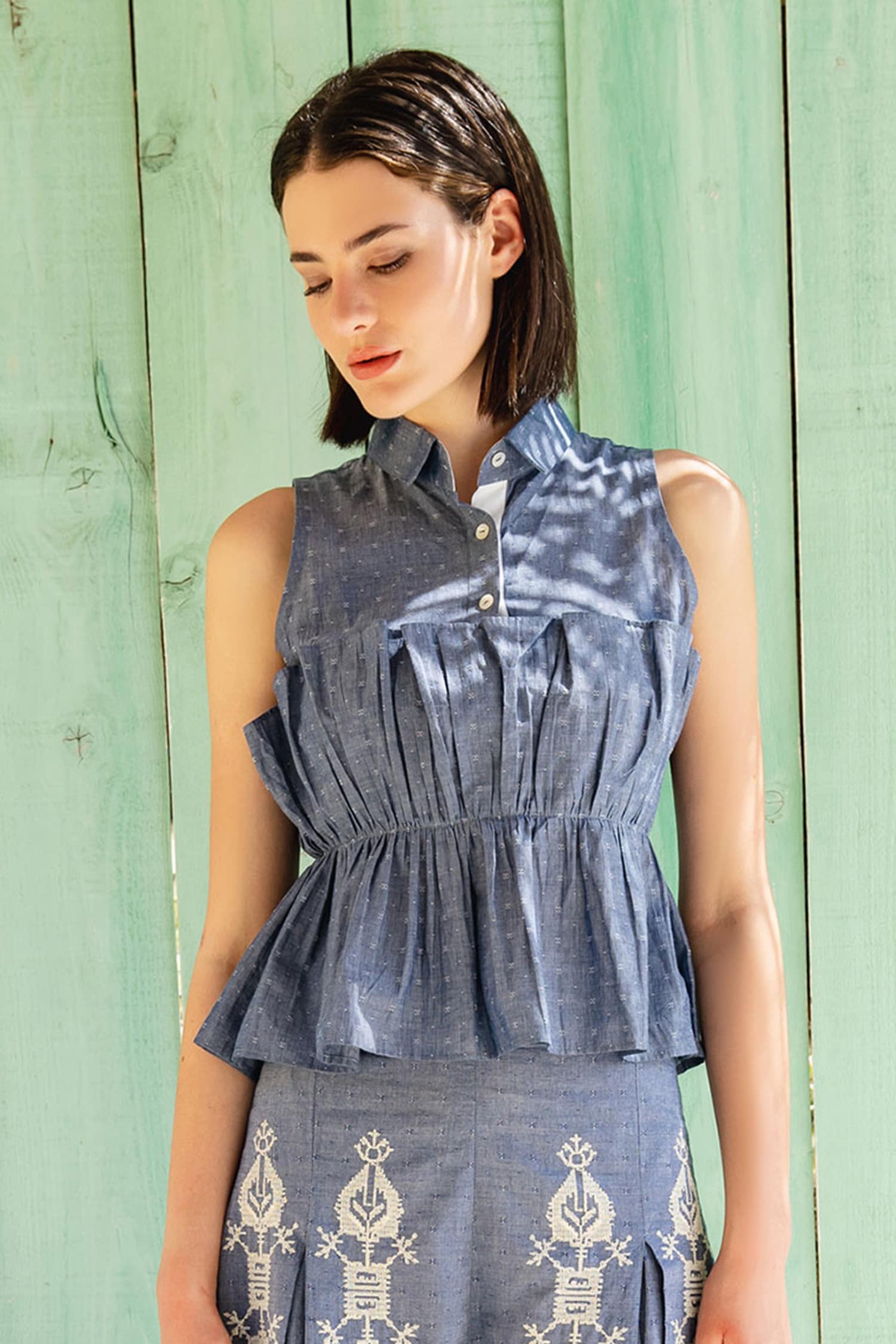 Buy Blue Chambray Embroidery Spread Collar Gathered Peplum Top For ...