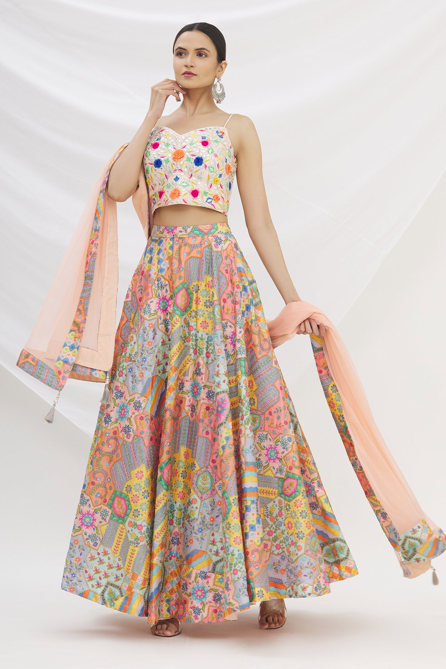 Buy Khwaab by Sanjana Lakhani Multi Color Silk Floral Motif Lehenga Set ...