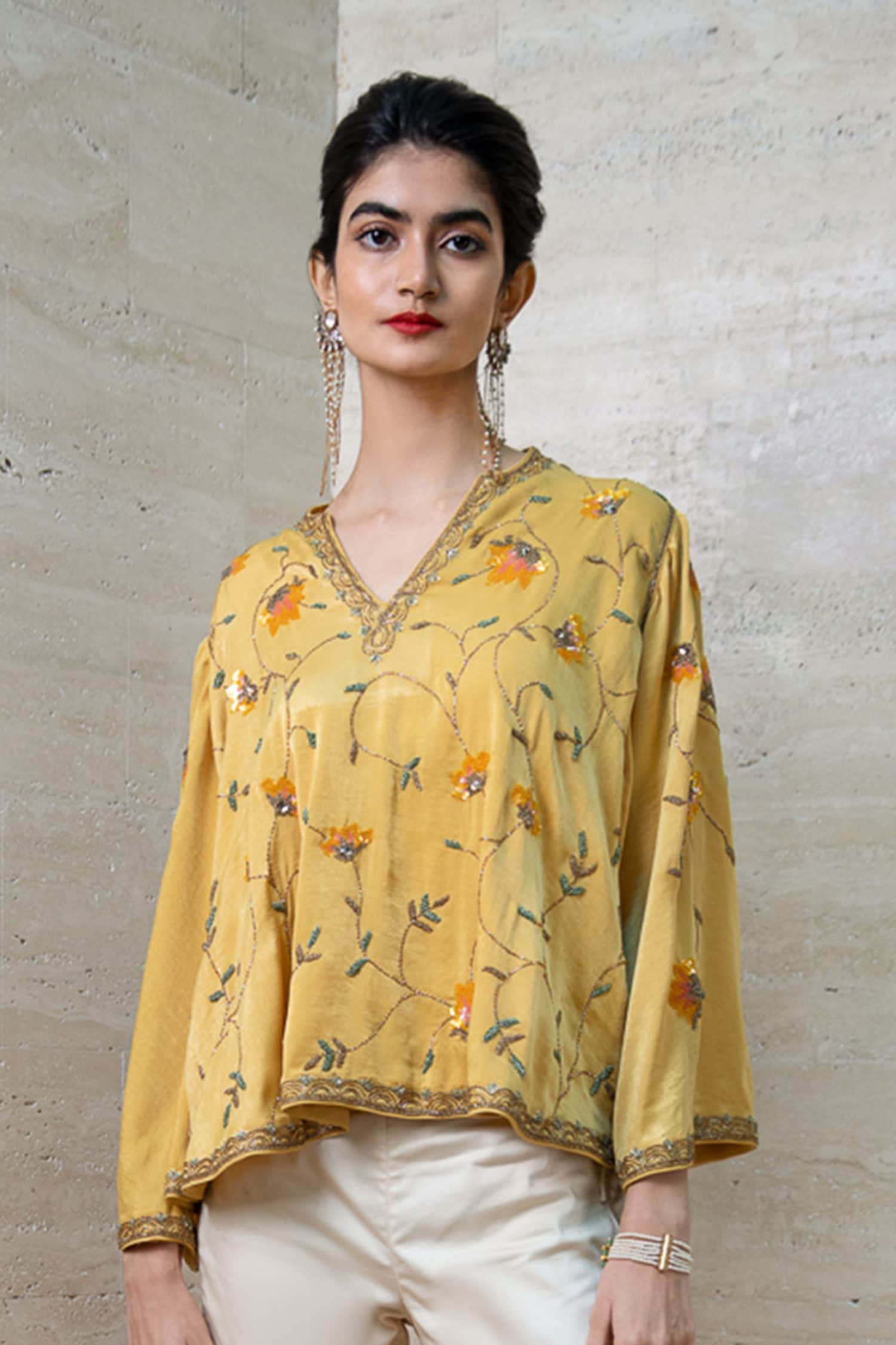 Buy Yellow Satin Velvet Embroidery V Neck Top For Women by Labbada ...