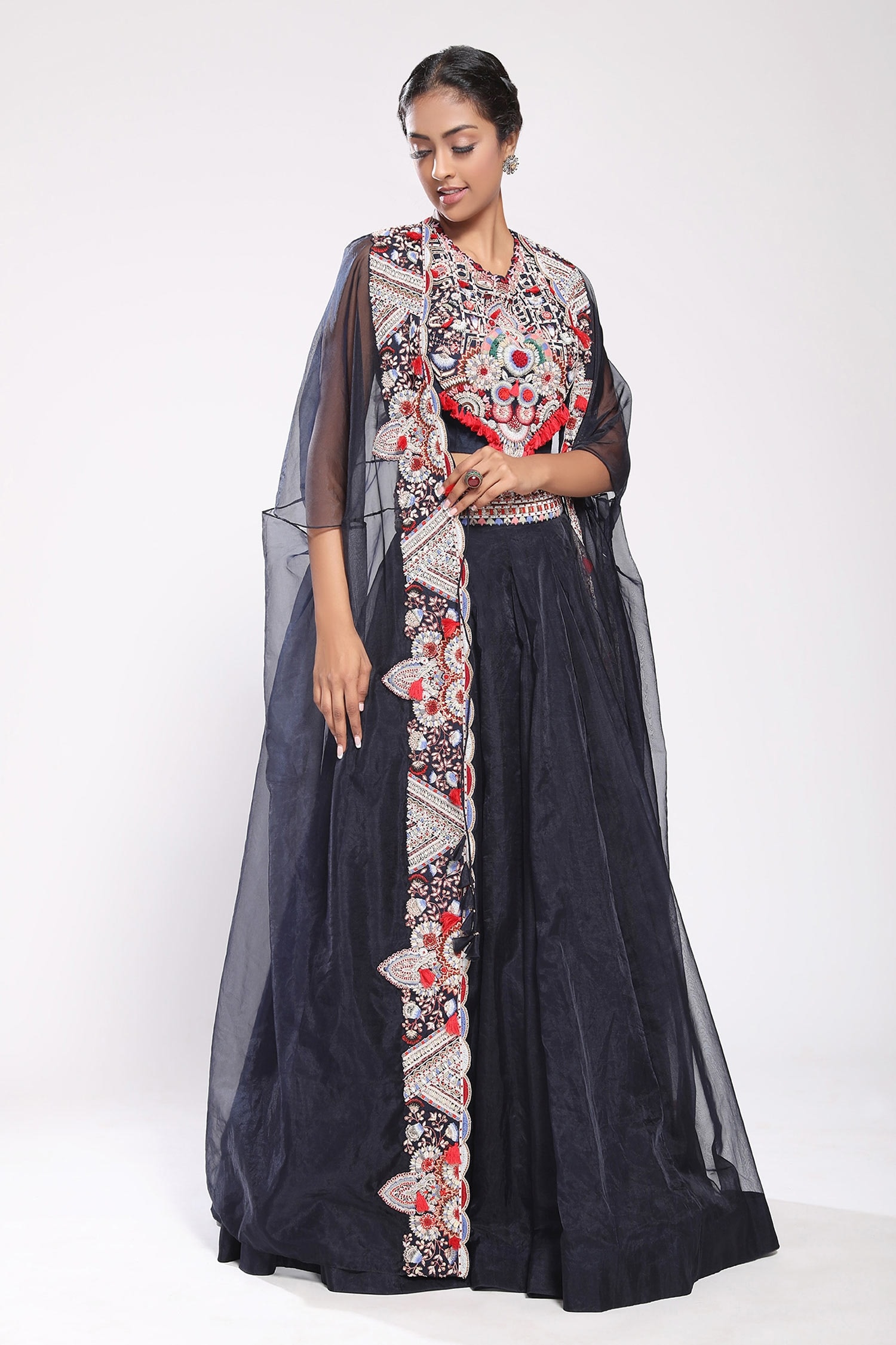 Buy Stotram Blue Silk Embroidered Cape And Lehenga Set Online | Aza ...