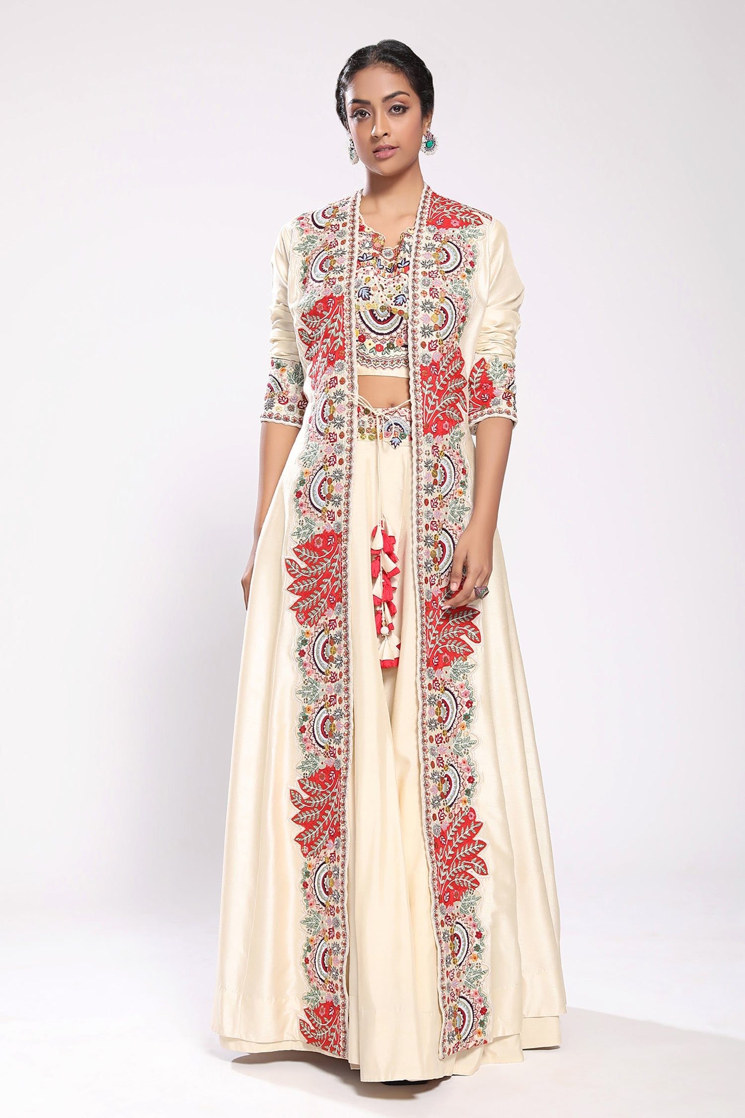 Buy White Silk Embroidery V Neck Jacket And Lehenga Set For Women by  Stotram Online at Aza Fashions.