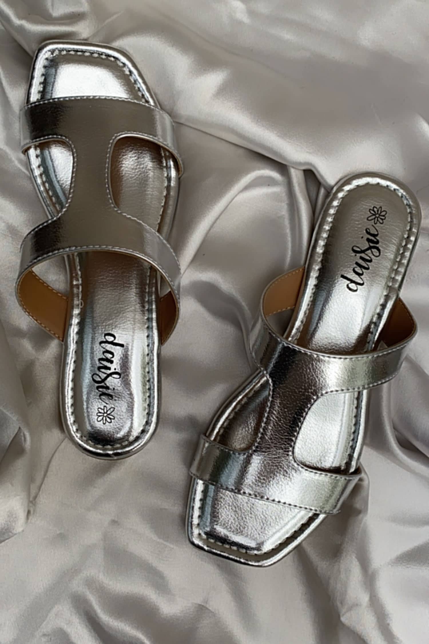 Buy Daisie Silver Faux Leather T-strap Sliders Online | Aza Fashions