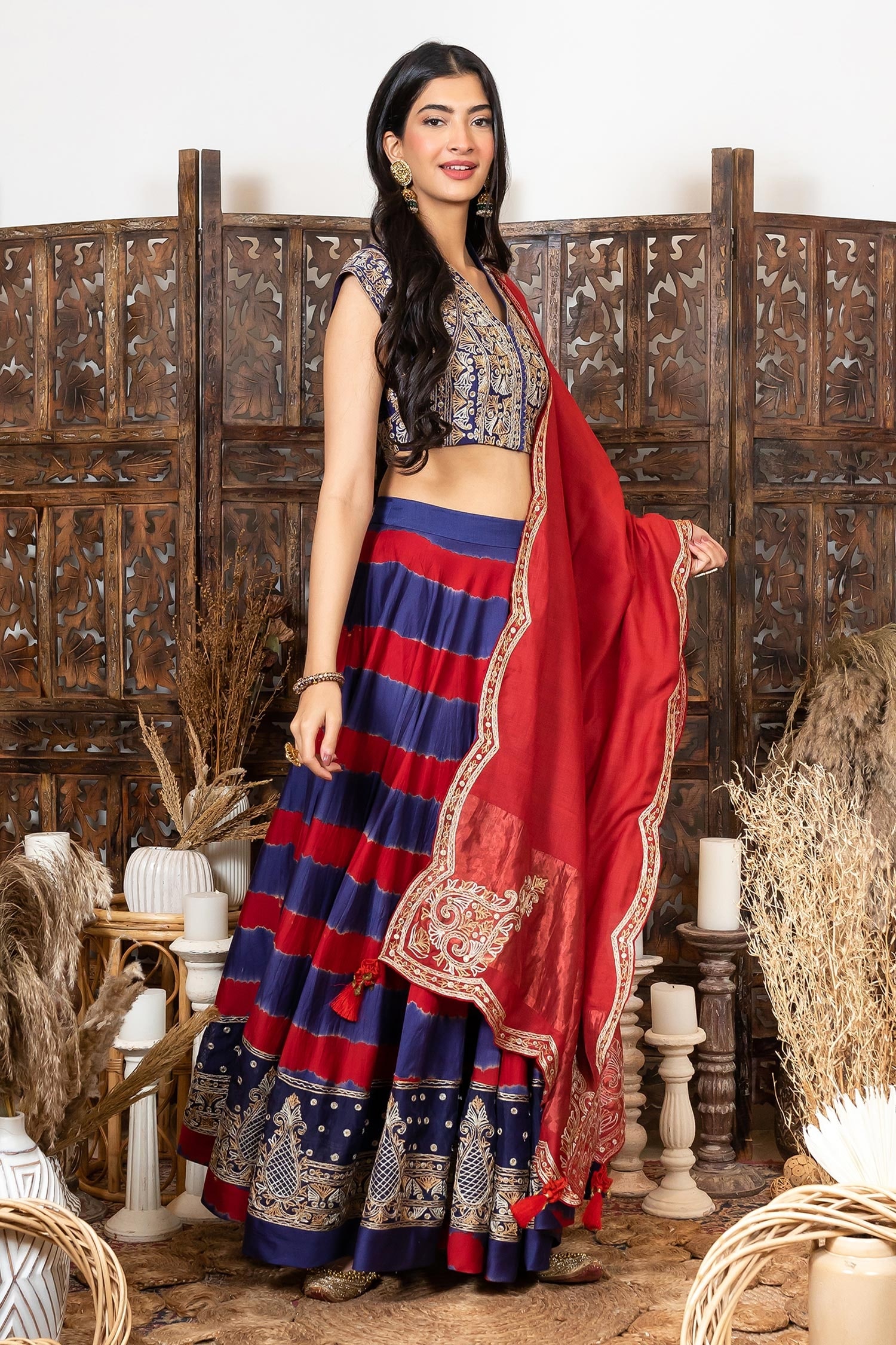 Buy Biba Red and Blue Poly Cotton Lehenga and Blouse with Dupatta & Mask  (Set of 4) online