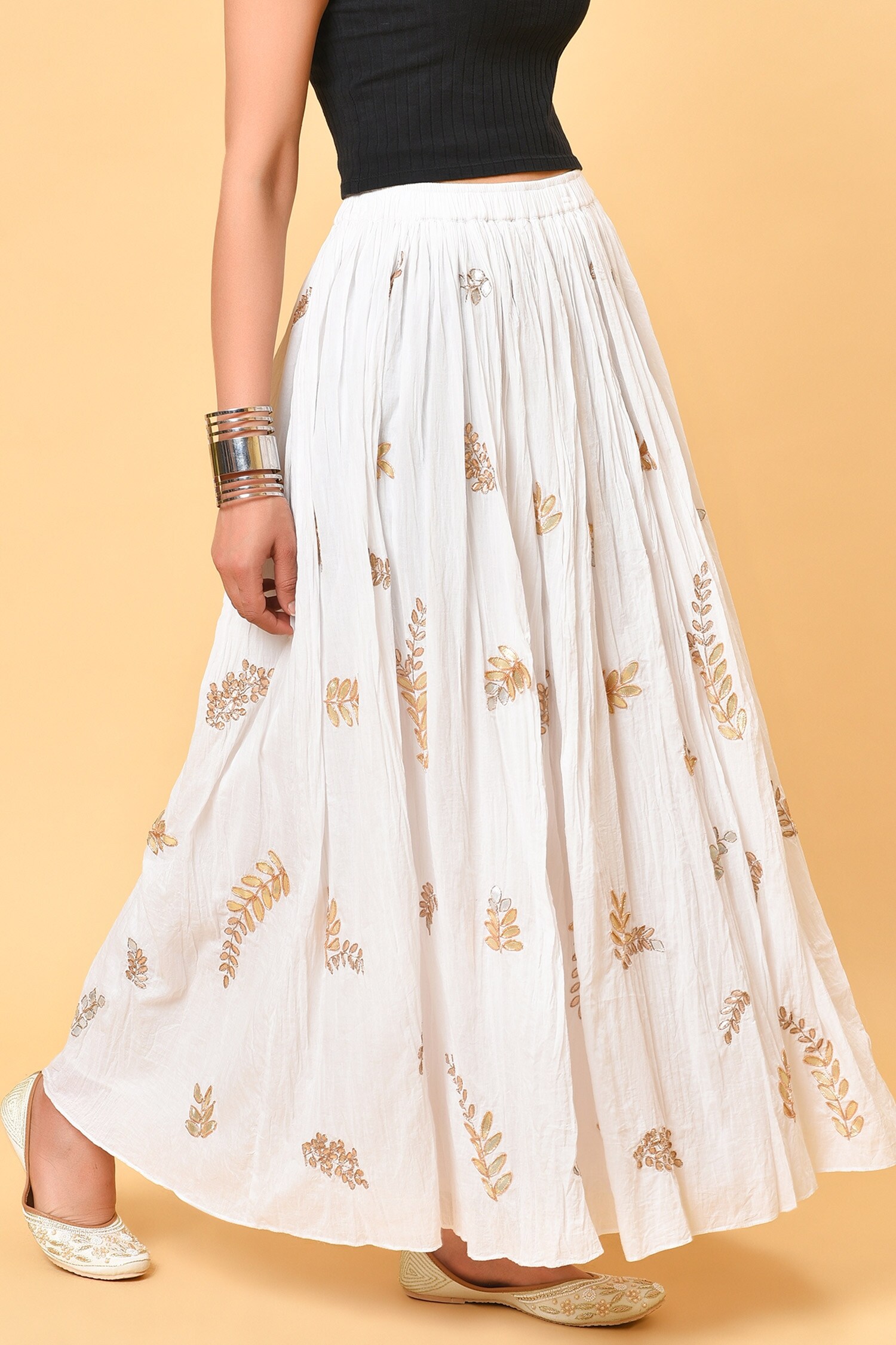 NUHH - White 100% Cotton Gota Embroidered Flared Skirt For Women