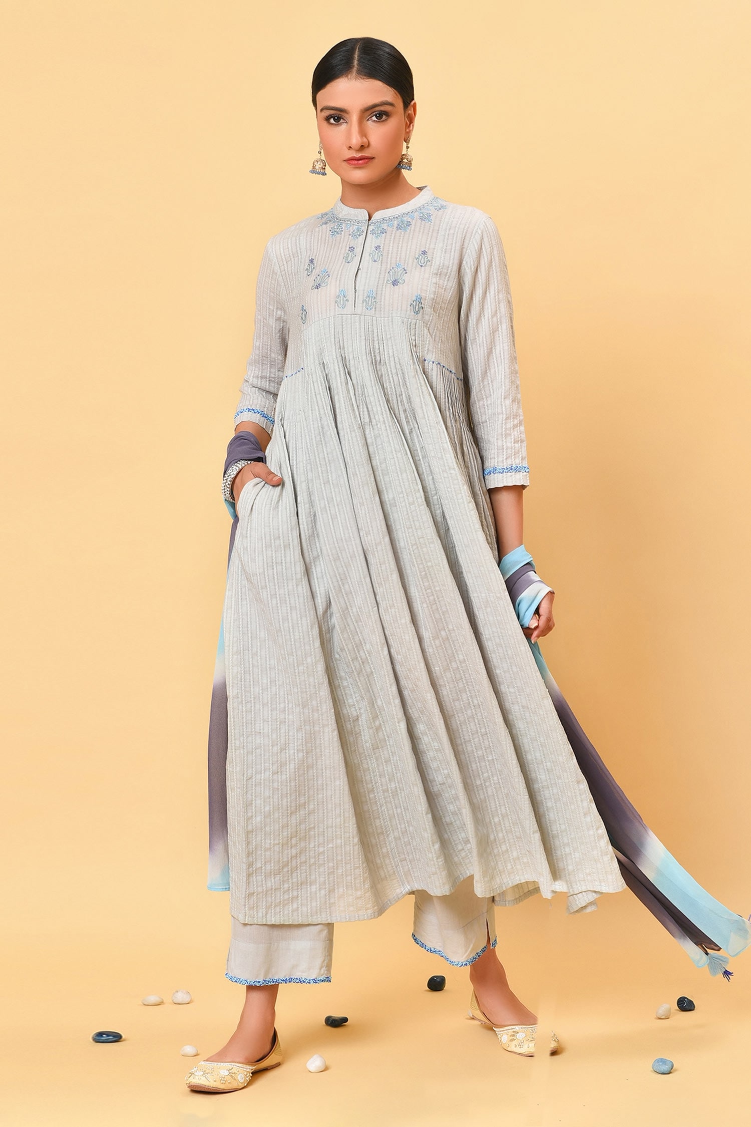 Buy NUHH Grey Cotton Doby Striped Kurta And Pant Set Online | Aza Fashions