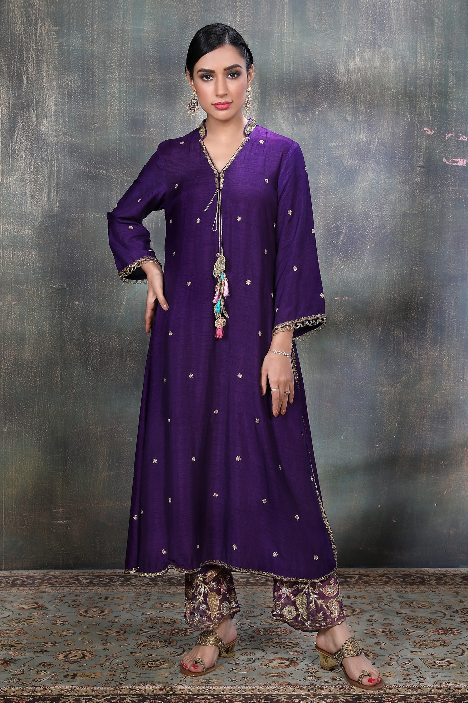 Buy Niti Bothra Purple Silk Mughal Embroidered Kurta And Palazzo Set ...