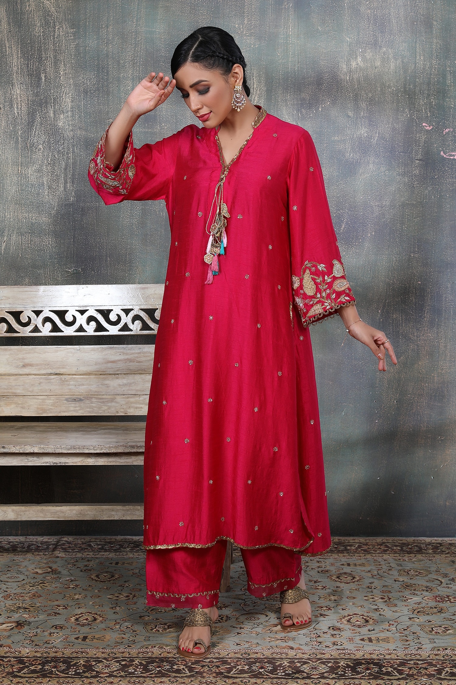 Buy Niti Bothra Pink Silk Mughal Motif Kurta And Palazzo Set Online ...