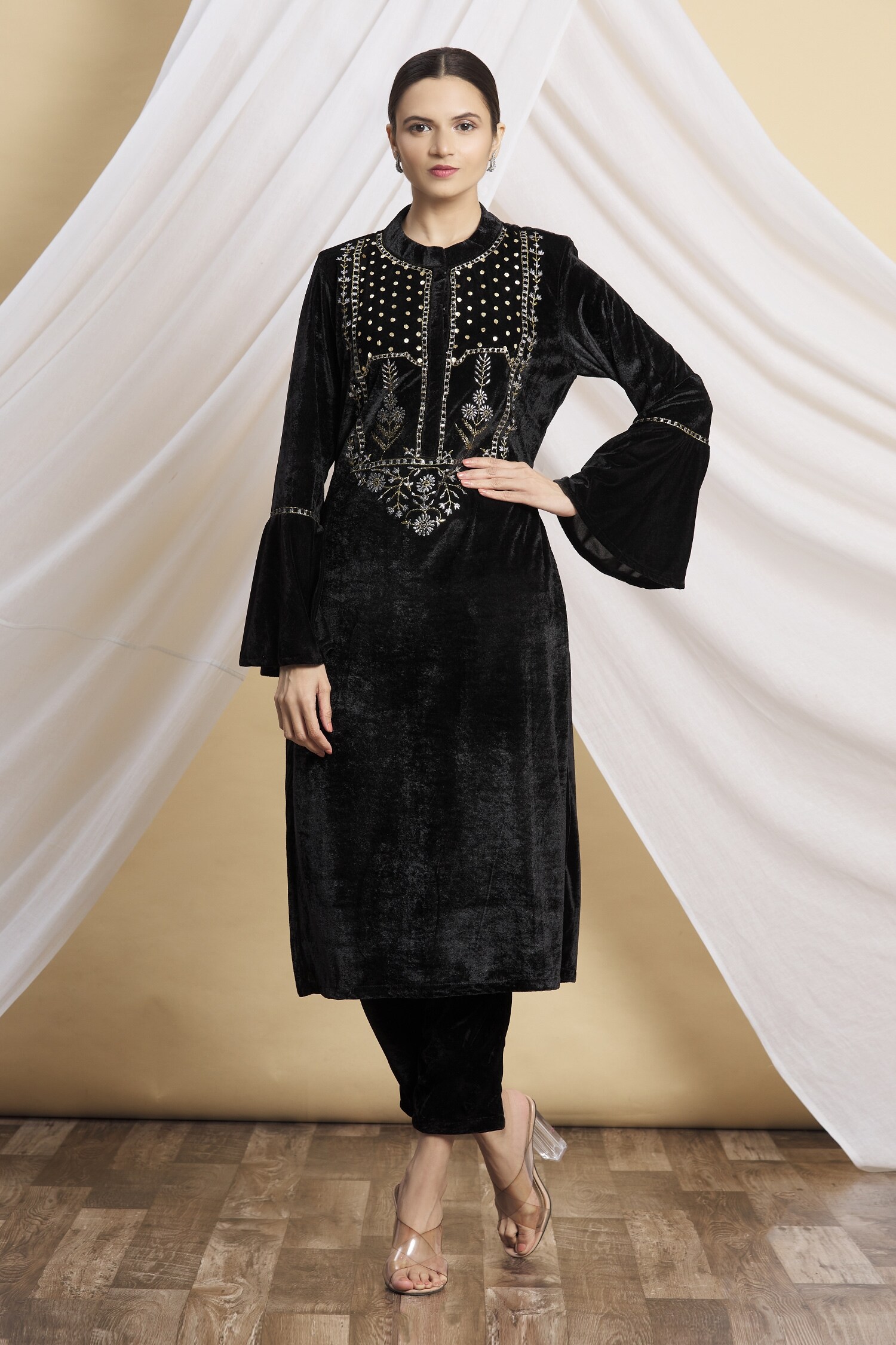 Buy Black Velvet Embroidered Sequins Umbrella Sleeves Kurta And Pant