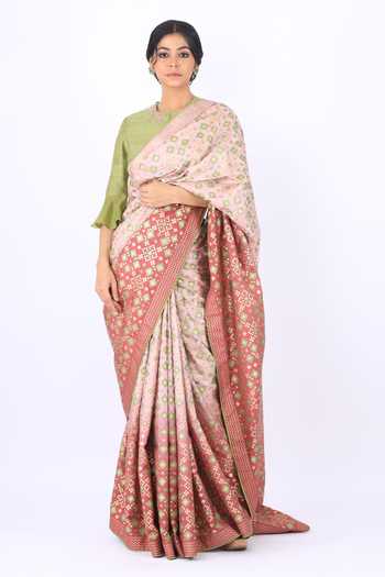 Purple Ikat Printed Silk Saree With Unstitched Blouse Piece