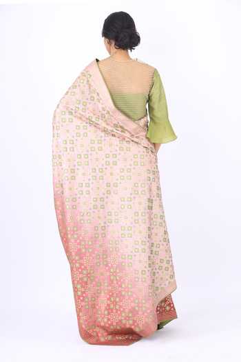 Purple Ikat Printed Silk Saree With Unstitched Blouse Piece
