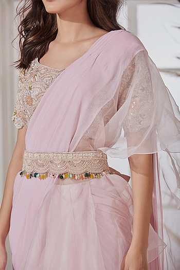 Pre-stitched Draped Saree with Aari Embroidered Blouse, Scalloped Lace Border and Belt