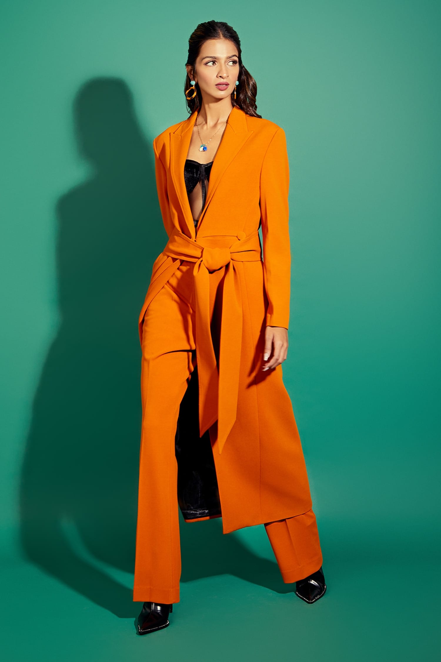 Buy Orange Scuba Georgette Plain Collared Neck Jacket And Pant Set For ...