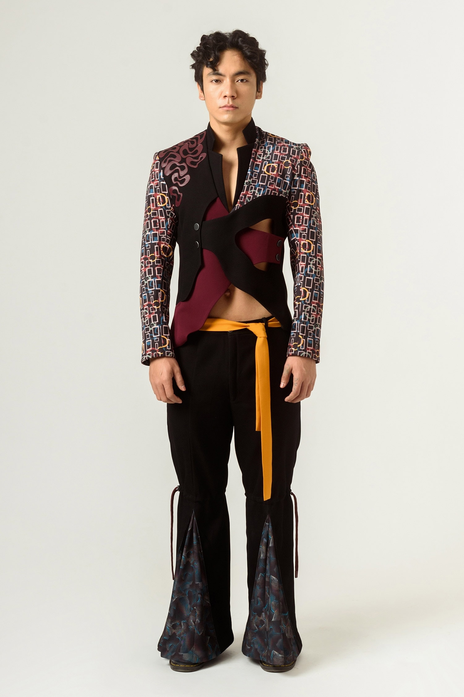 Siddhant Agrawal Label Black Poly Knit Textured Crepe Printed Flared Trouser With Belt For Men