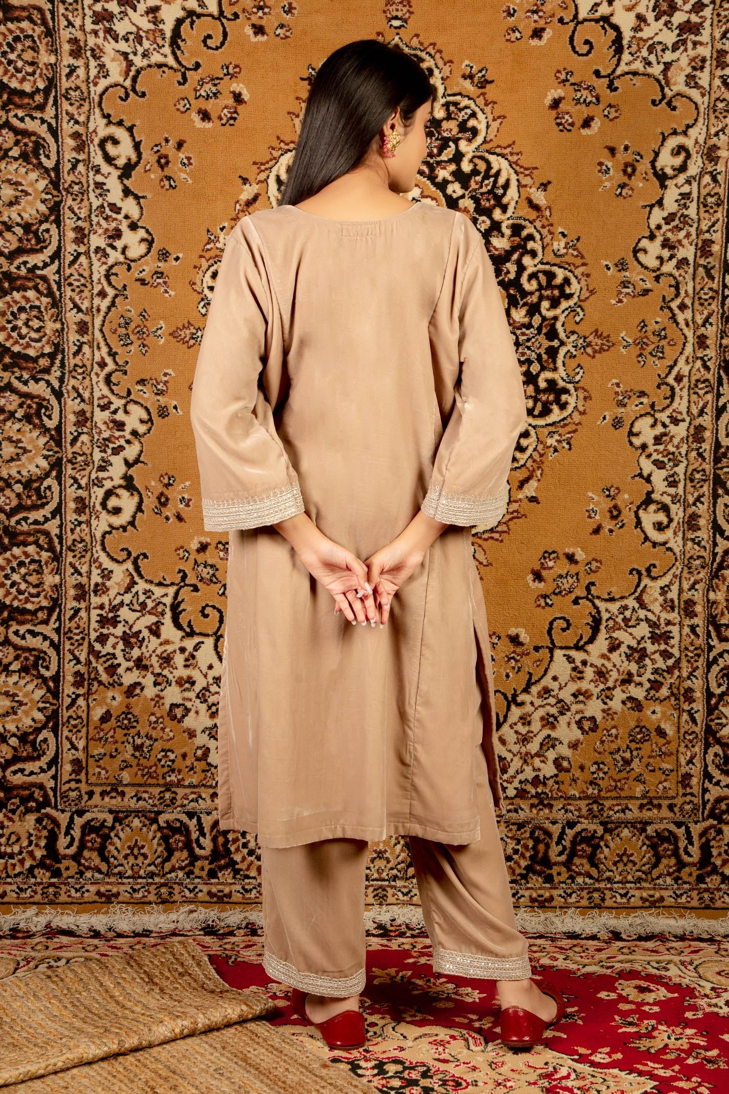 Buy Brown Silk Velvet Embroidered Sequin V Neck Kurta And Pant Set For Women  by Priya Chaudhary Online at Aza Fashions.