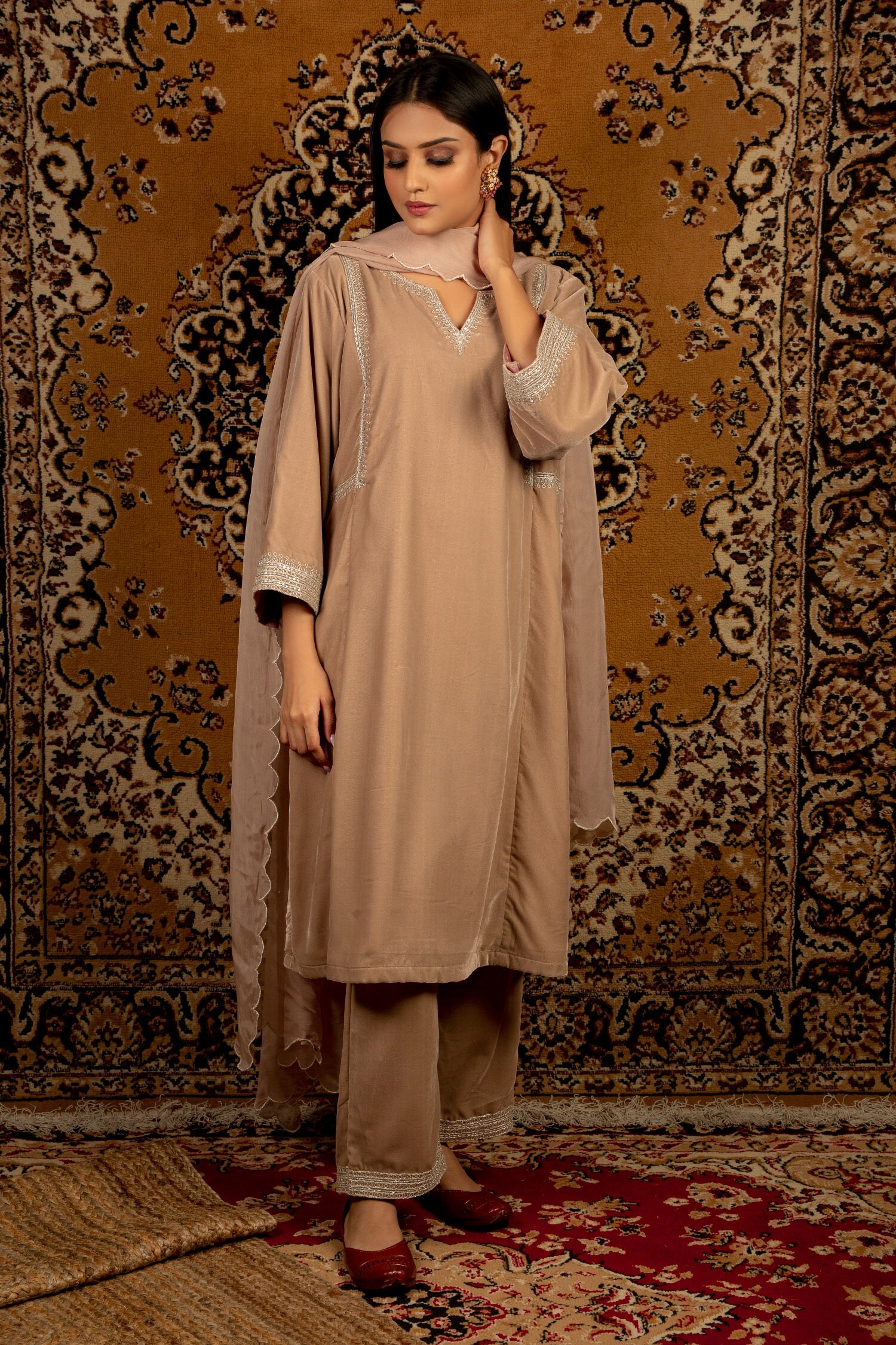 Buy Priya Chaudhary Brown Tissue Organza Scallop Dupatta Online Aza