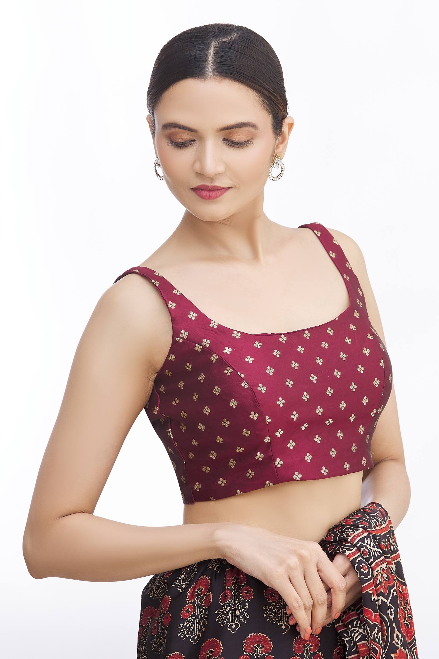 Buy Maroon Woven Floral Square Neck Blouse For Women by Nazaakat by ...