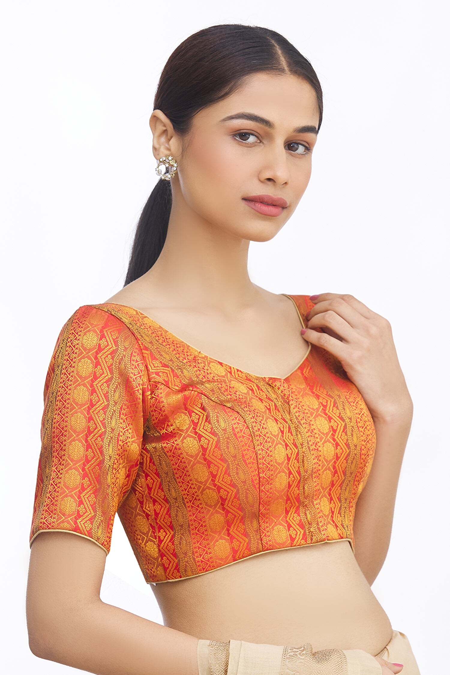 Buy Brown Jacquard Plain V Neck Short Sleeve Blouse For Women by Nazaakat  by Samara Singh Online at Aza Fashions.