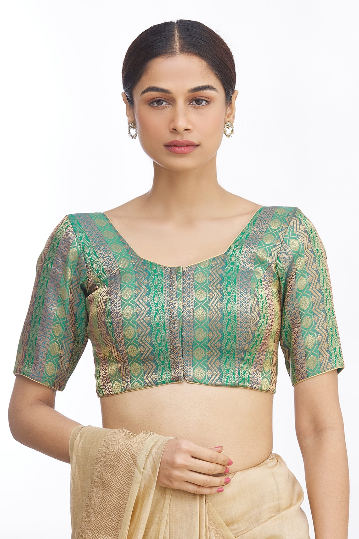 Buy Green Brocade Woven Floral V Neck Saree Blouse For Women by ...