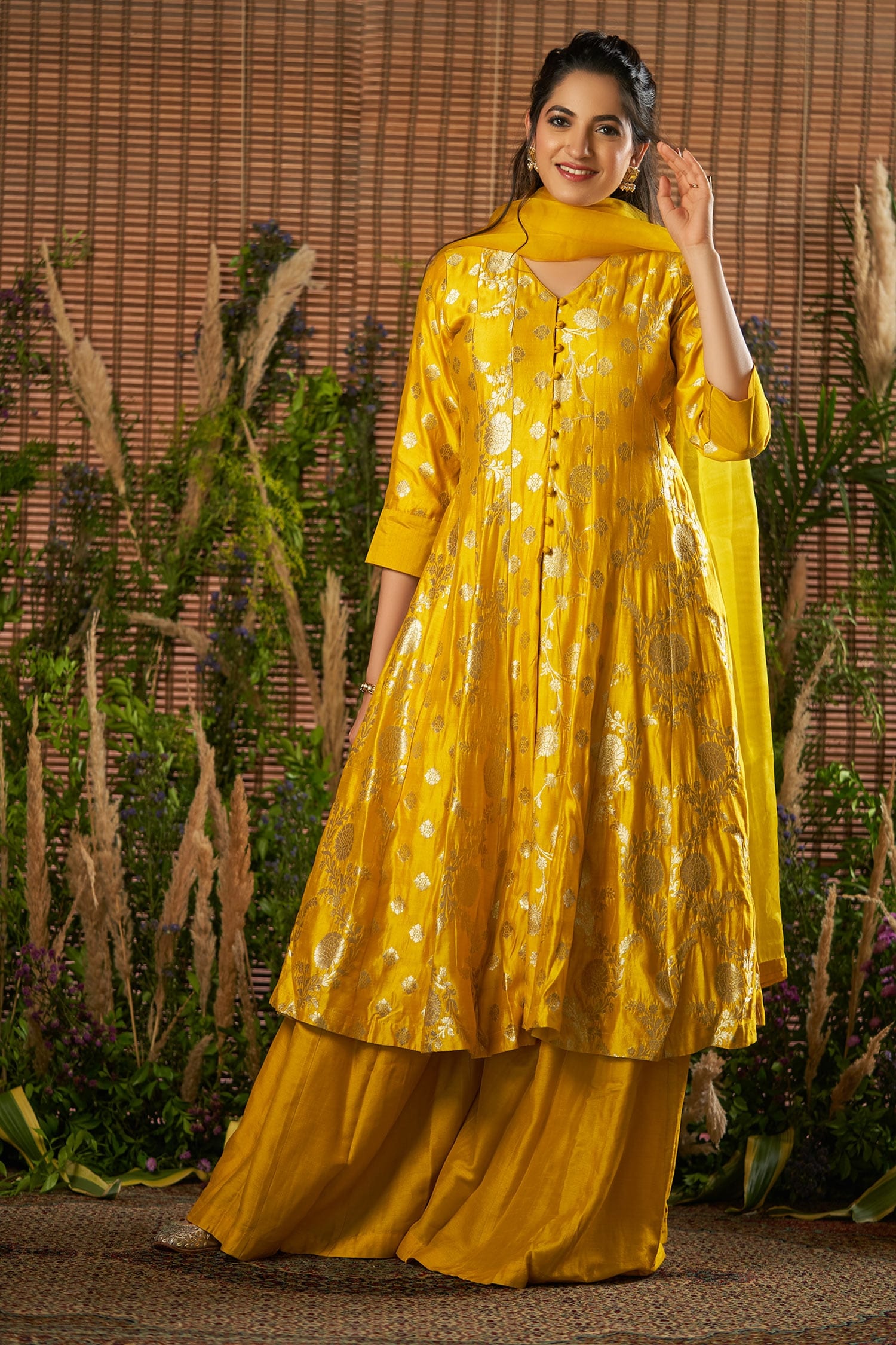 Buy Yellow Banarasi Brocade Anarkali Palazzo Set For Women by Sobariko ...