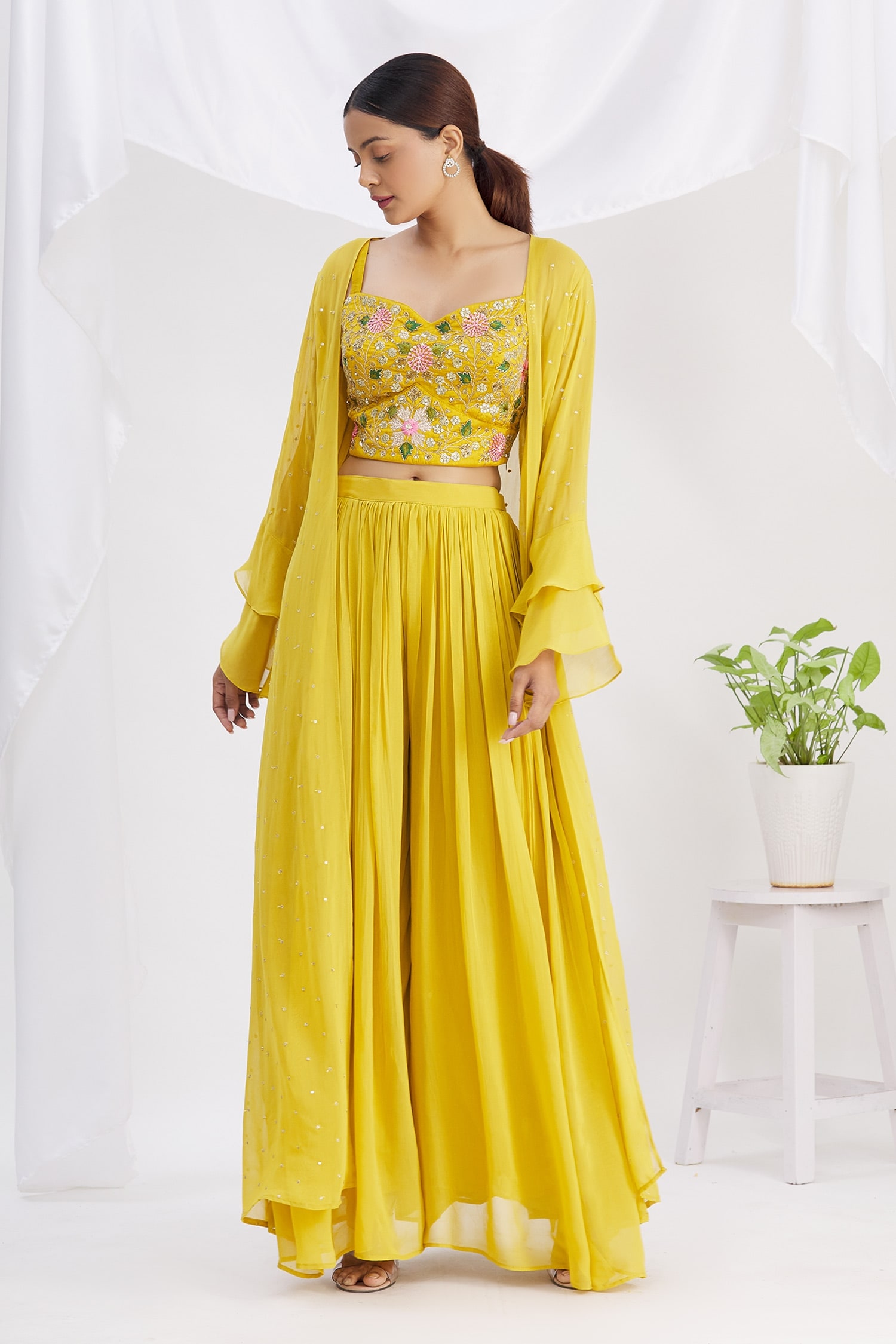 Nazaakat by Samara Singh Yellow Silk Embroidered Georgette Ruffle Sleeve Jacket And Palazzo Set For Women