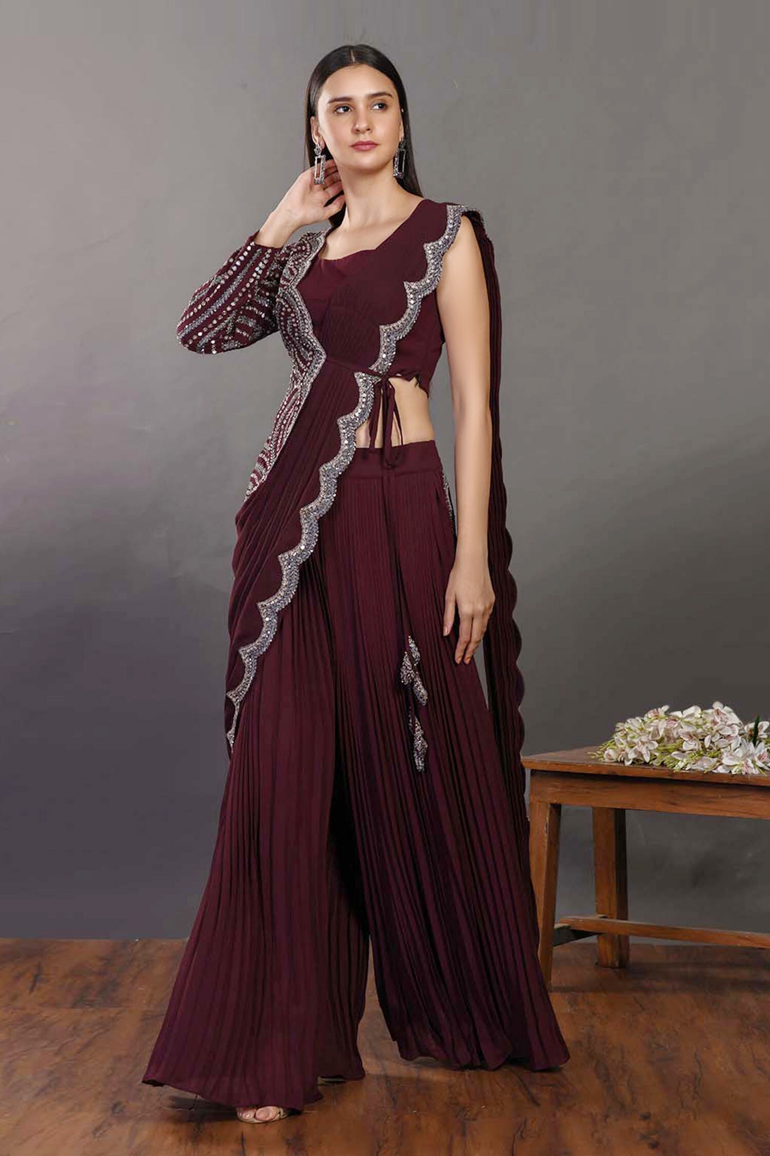 Onaya Maroon Georgette Embroidered Sequin Pre-draped Palazzo Saree Set For Women