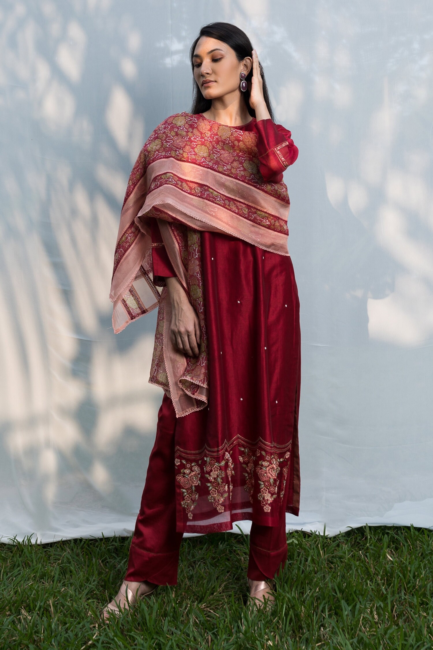 Beige Maroon Silk Chanderi Kurta Set