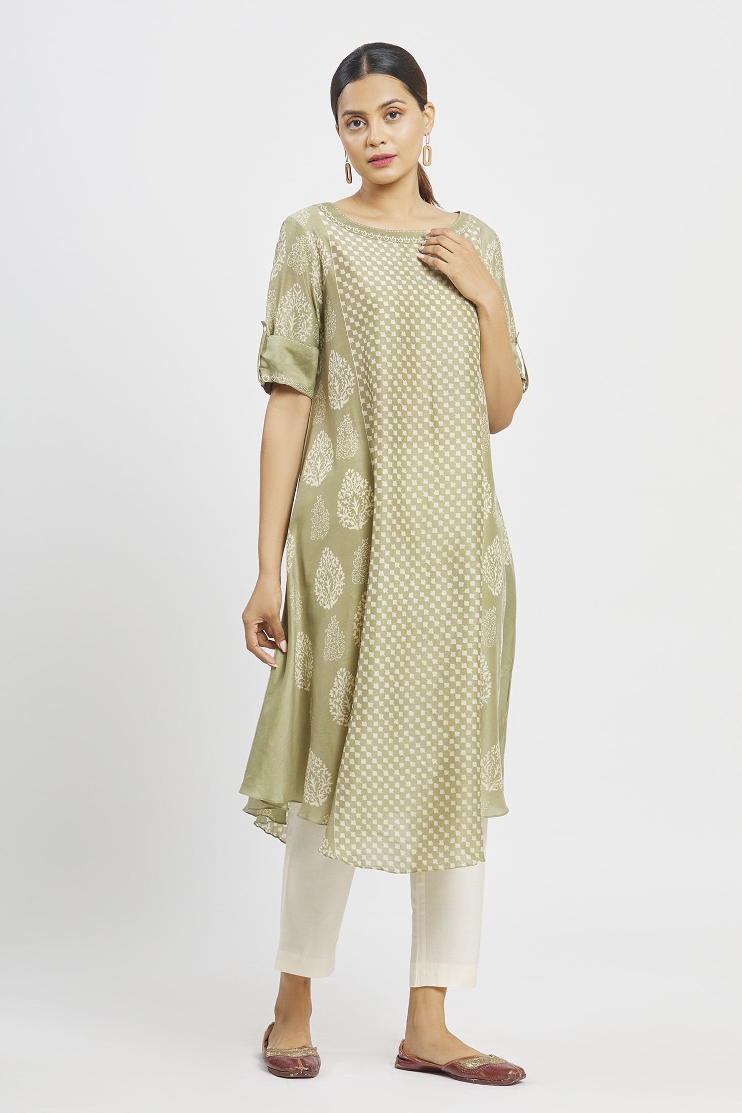 Buy Krishna Mehta Green Chanderi Floral Print Tunic Online | Aza Fashions