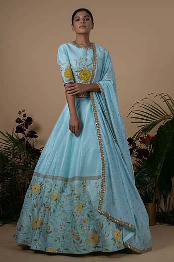 Buy Divya Reddy Blue Raw Silk Lehenga Set Online | Aza Fashions