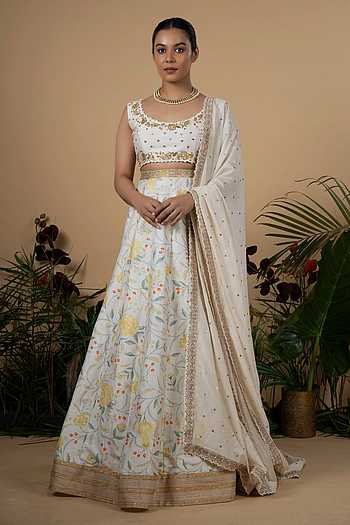Buy Divya Reddy White Printed Raw Silk Lehenga Set Online | Aza Fashions