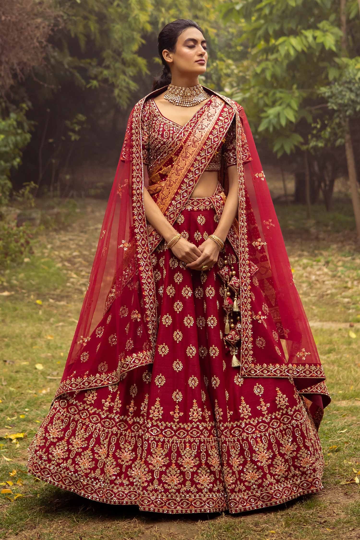 Angad Singh Maroon Lehenga And Blouse- Raw Silk Embroidered Floral V Zardozi Set For Women