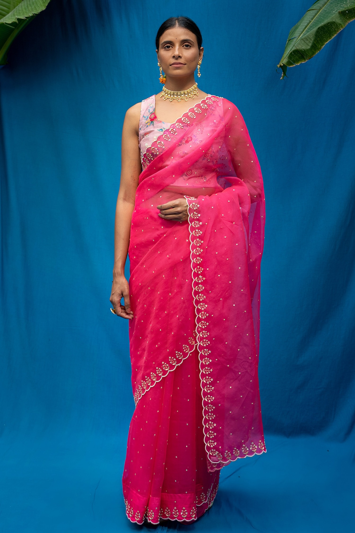 Buy Pink Organza And Raw Print & Embroidery Saree With Blouse For Women ...