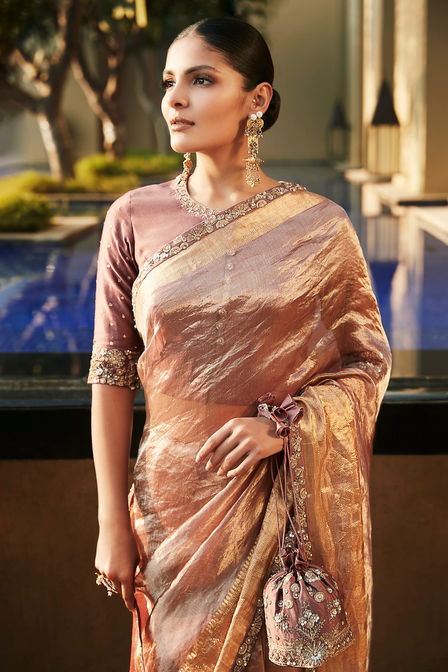 Buy Brown Embroidery V Neck Silk Tissue Saree With Blouse Fabric For Women  by Mimamsaa Online at Aza Fashions.