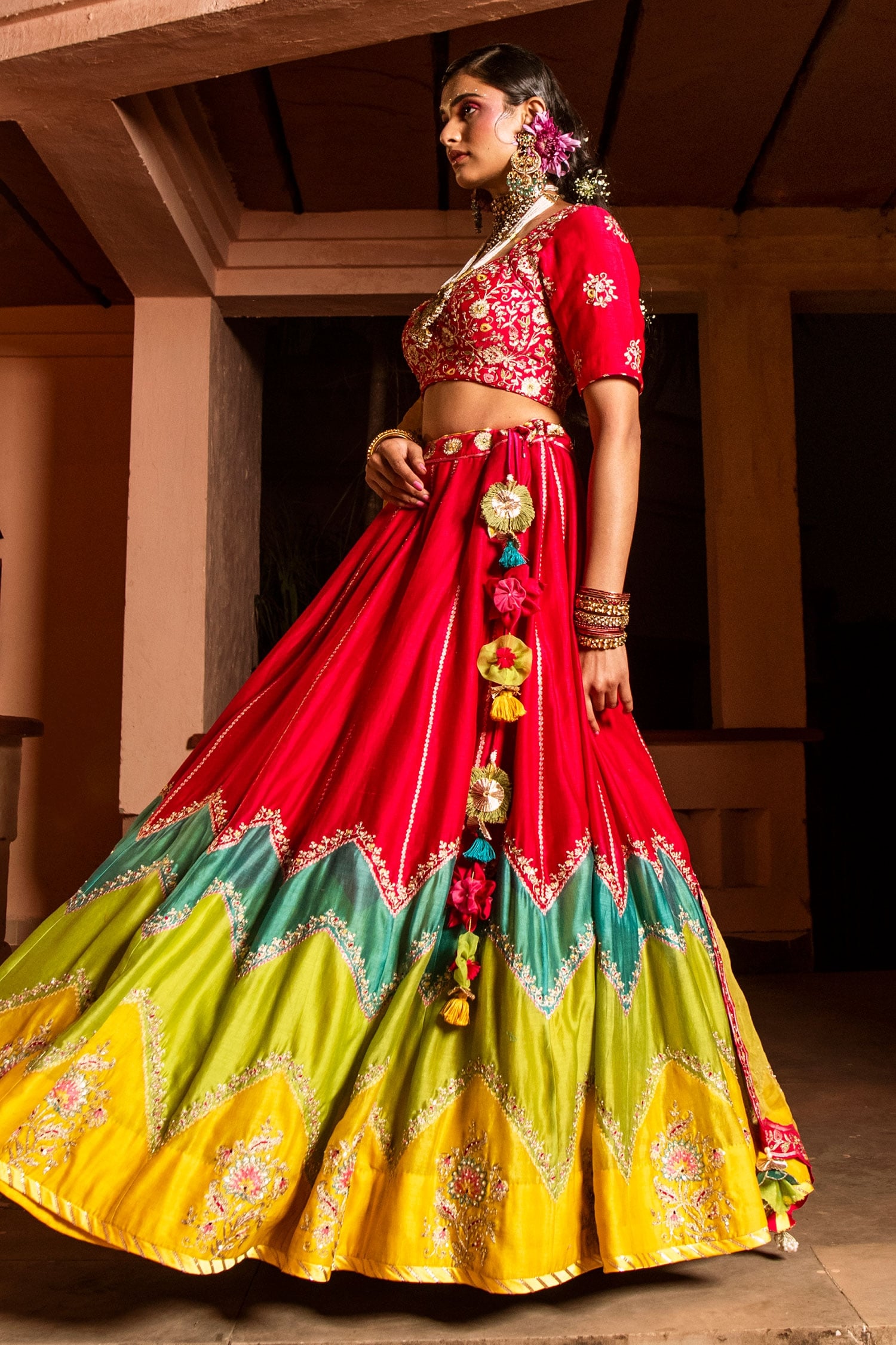 Pre Order: Multicolour Top And Ruffle Hem Colour Block Lehenga With Du |  Little Muffet