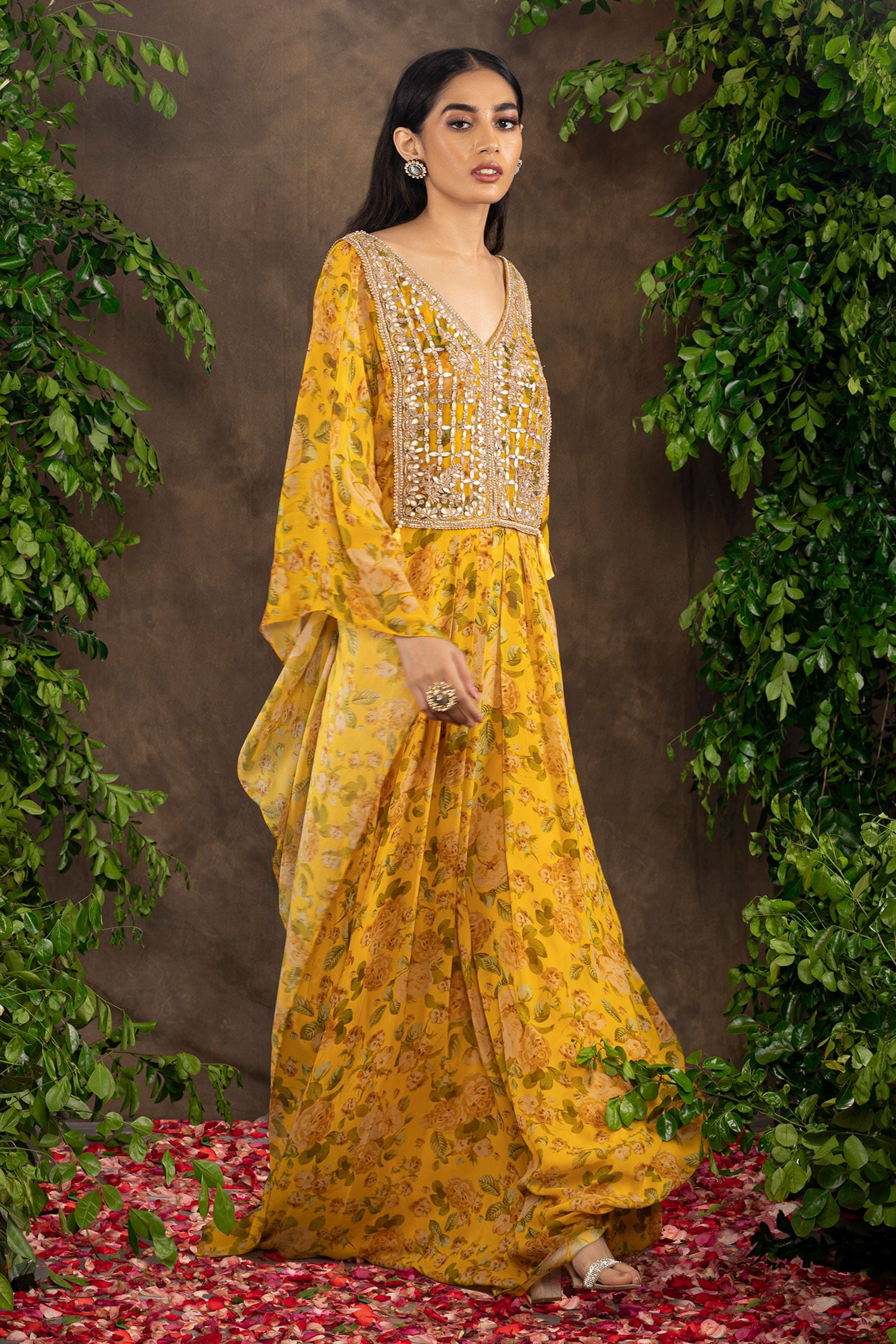 Buy Adi By Aditya Khandelwl Yellow Georgette Floral Print Kaftan Online ...