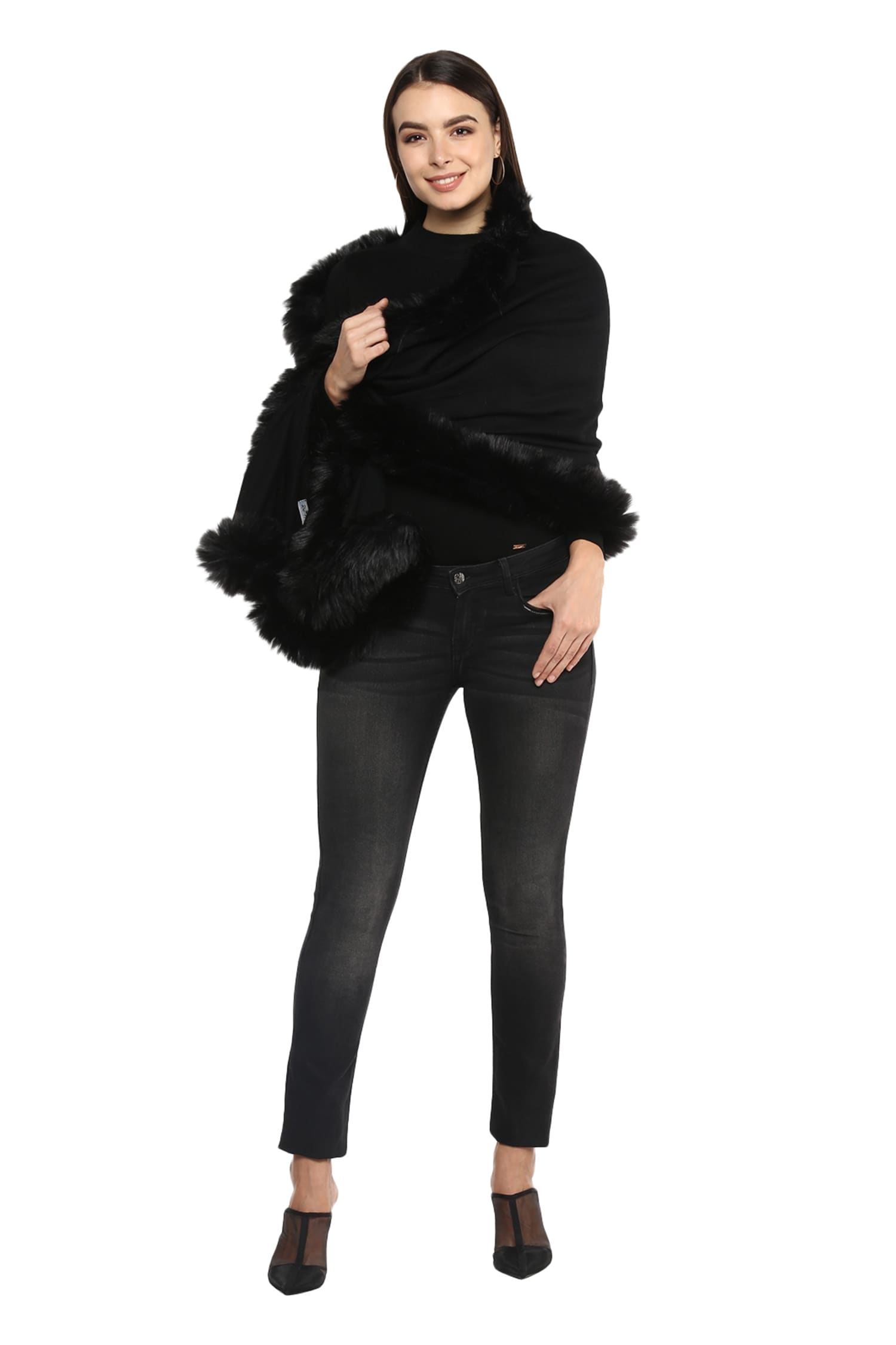 Buy Black Faux Fur Shawl by RheAna Online at Aza Fashions.