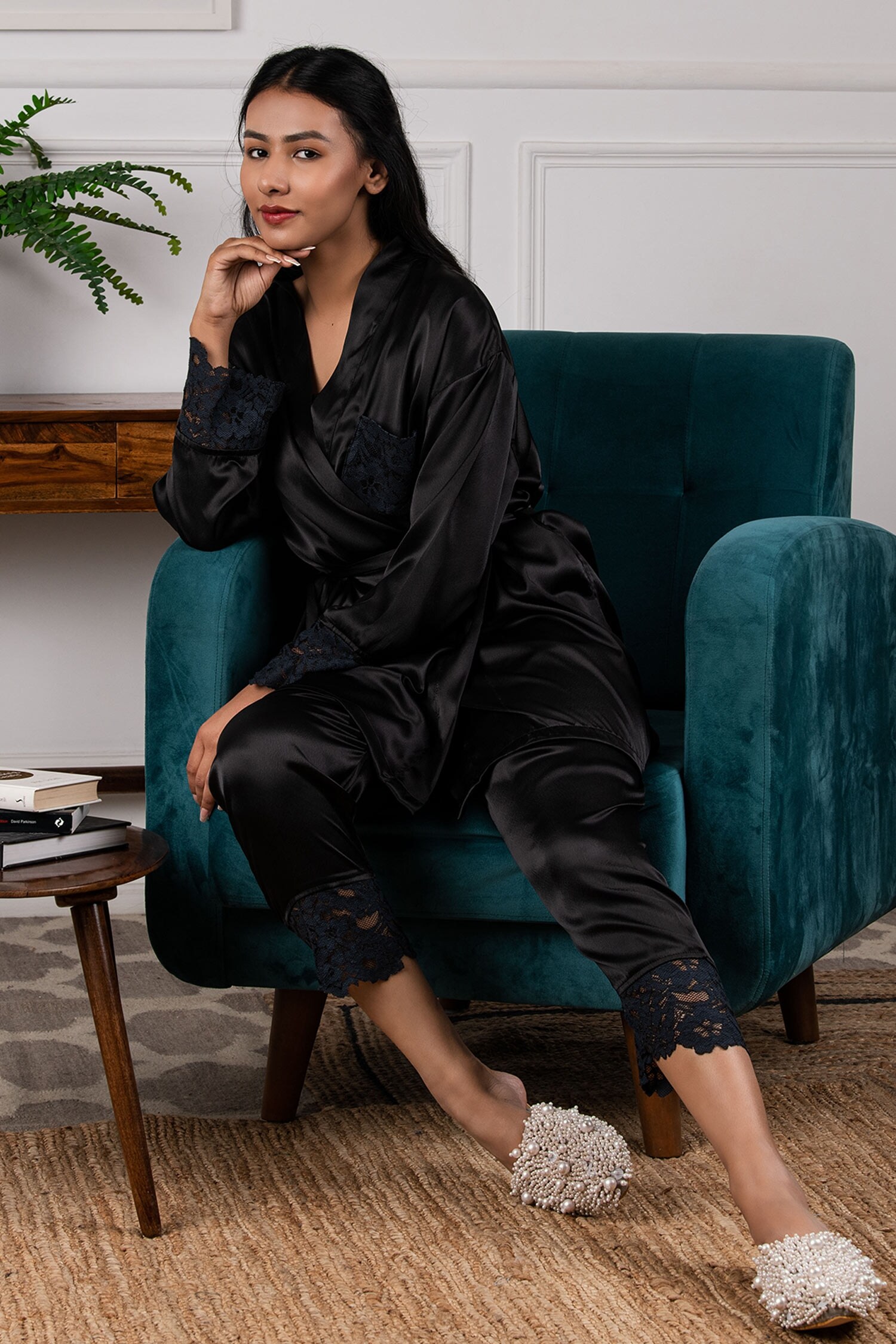 Women Black Satin Leopard Top With Lounge Pants  Belted Robe