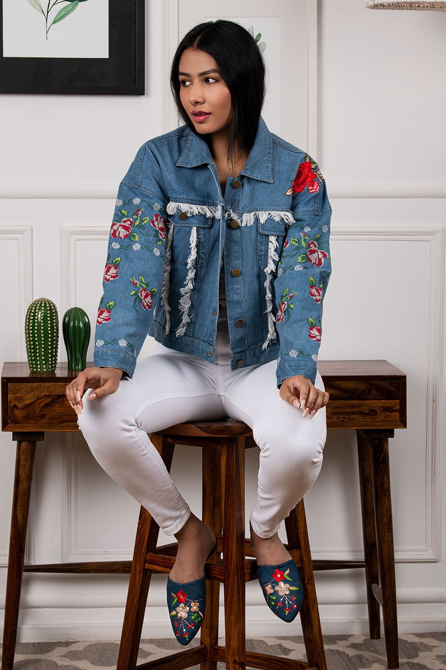 Rhe-Ana - Blue Denim Embroidery Thread Collared Neck Jacket For Women