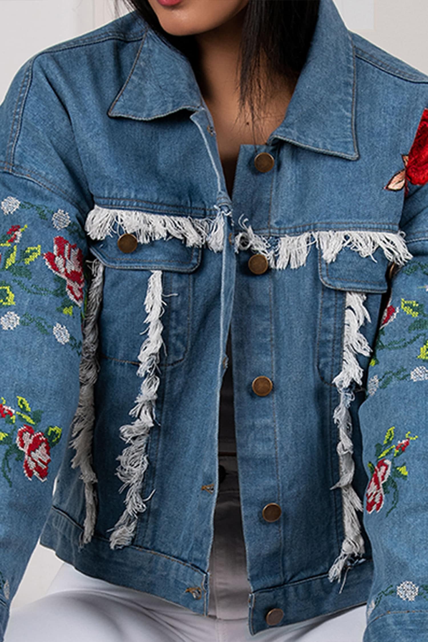 Buy Blue Denim Embroidery Thread Collared Neck Jacket For Women by 