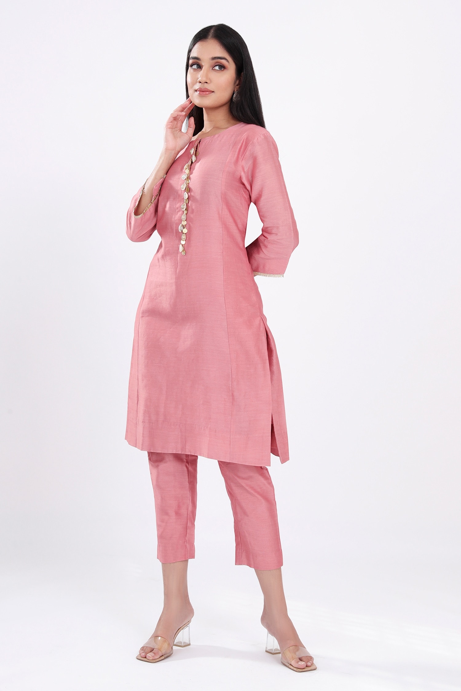 Komal Shah Pink Chanderi Straight Kurta And Pant Set