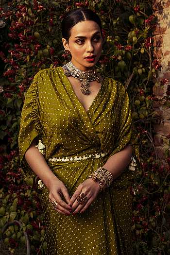 Women'S Green Rayon Bandhej Kaftan Pant Set