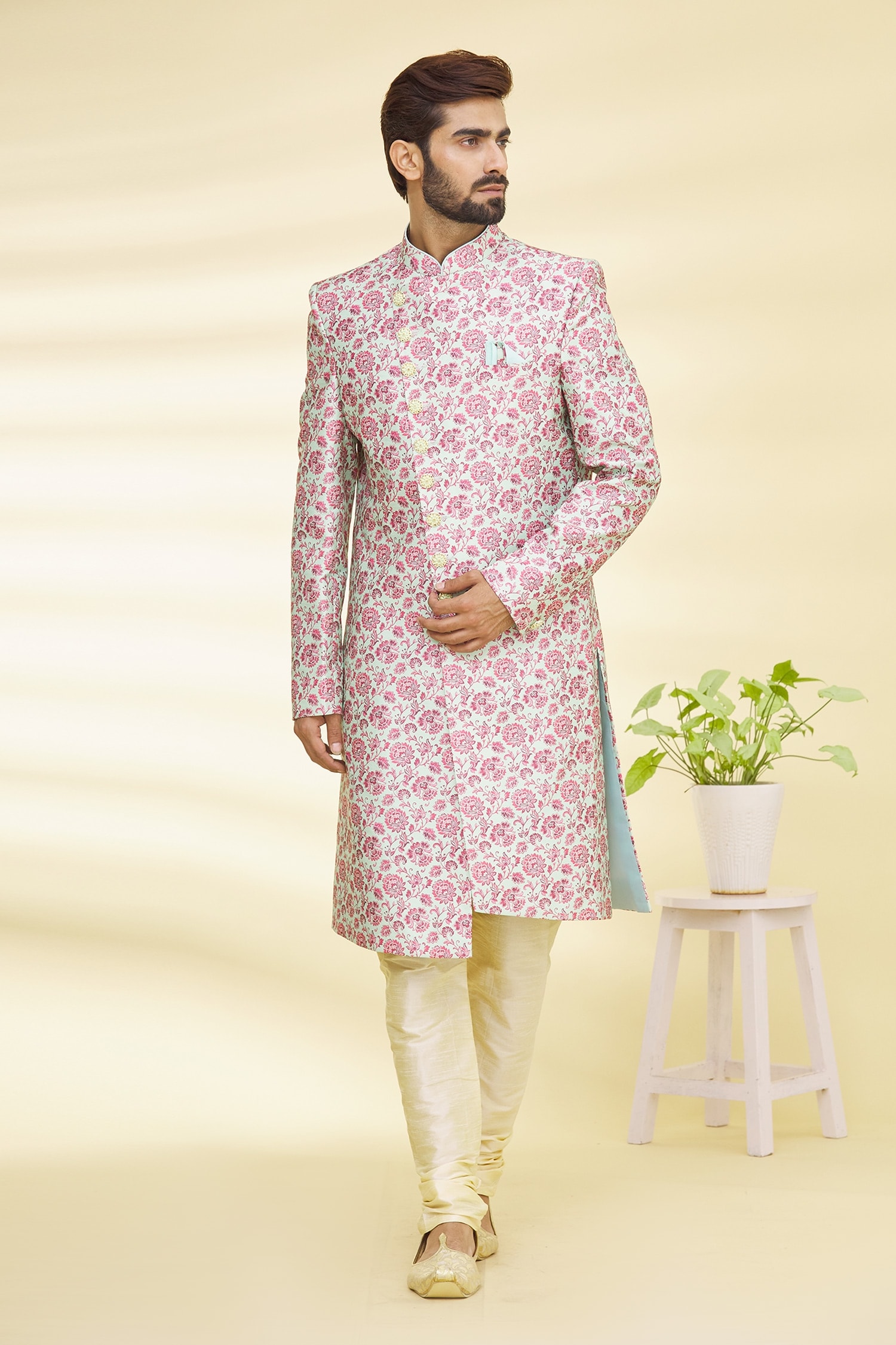 Buy Arihant Rai Sinha Green Art Banarasi Silk Floral Print Sherwani Set ...
