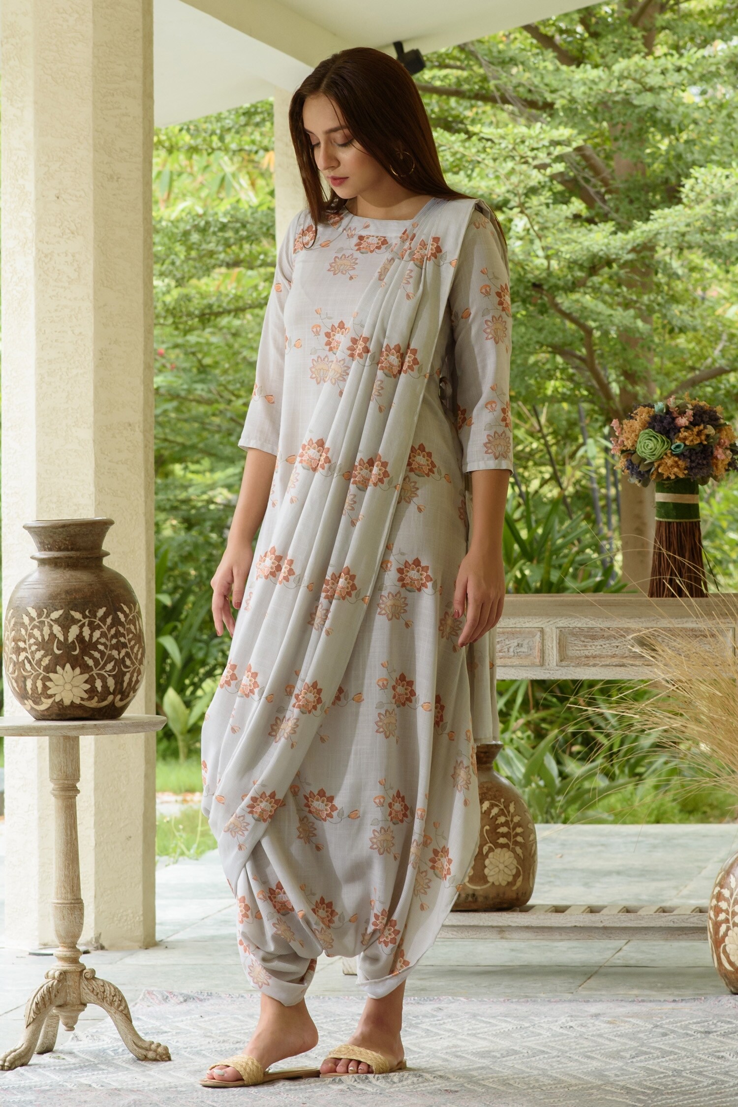 Buy Green Linen Printed Floral Dhoti Jumpsuit With Detachable Dupatta For Women by Pasha India